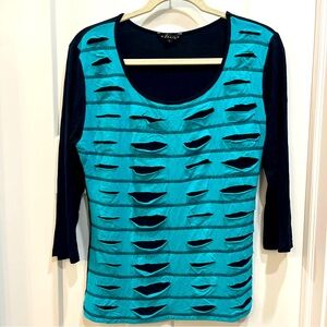 Dunia Women’s 3/4 Length Sleeve Black Teal Distressed Front Size Large‎